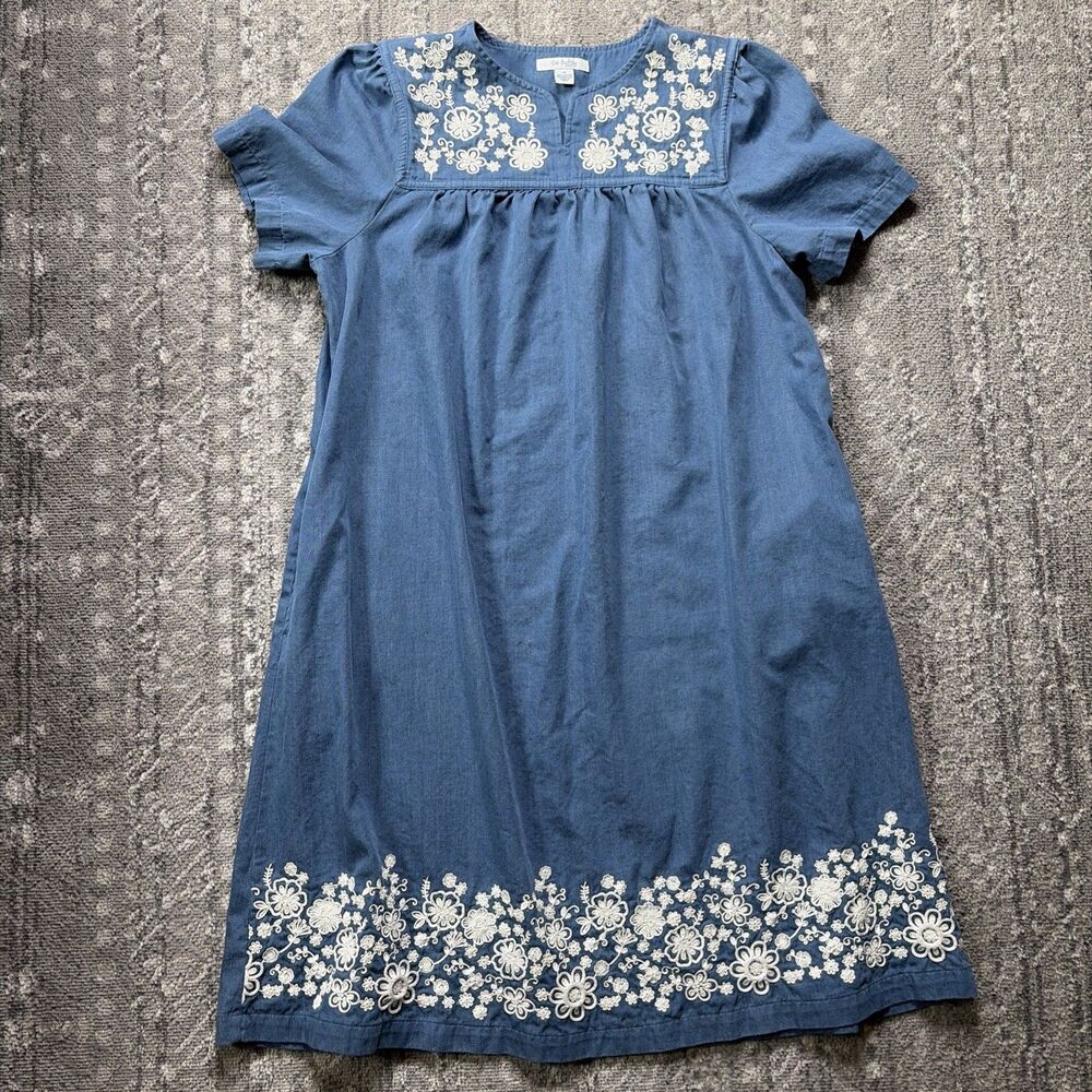 Go Softly Patio Denim Floral Embroidered Muumuu Dress Blue Cotton Medium Cottage